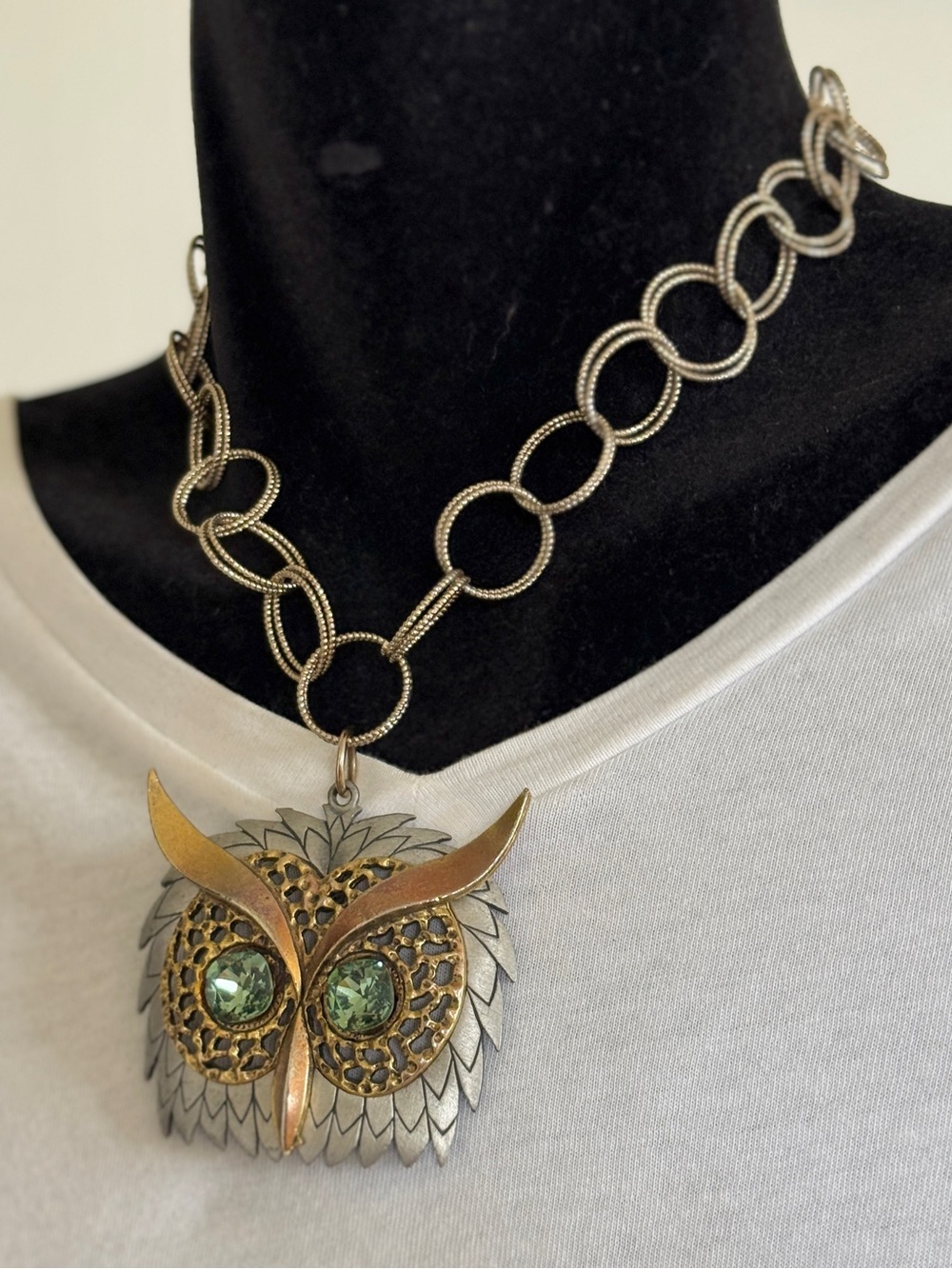 Upcycled Owl Choker Necklace with Green Rhinestone Eyes on Gold Tone Chain OOAK - Picture 4 of 10